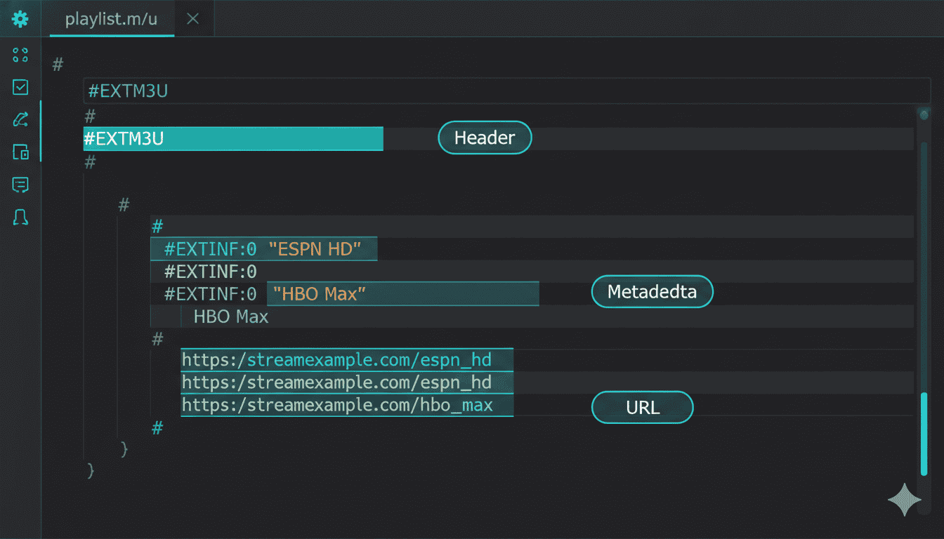 M3U playlist file opened in text editor showing channel entries and URL structure