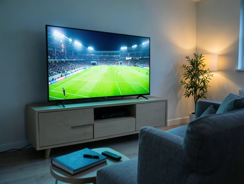 Nordic One IPTV jämförelse: direktsänd match på tv i ett nordiskt vardagsrum